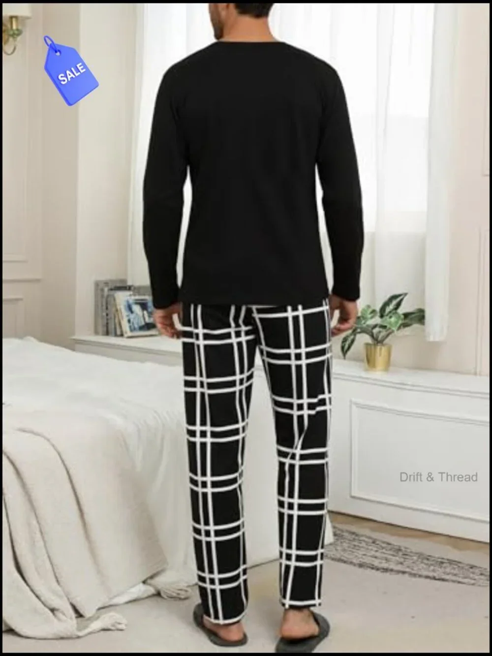 Men's 2-Piece Pajama Set Long Sleeve Plaid Pants with Pockets Soft Comfy Lounge